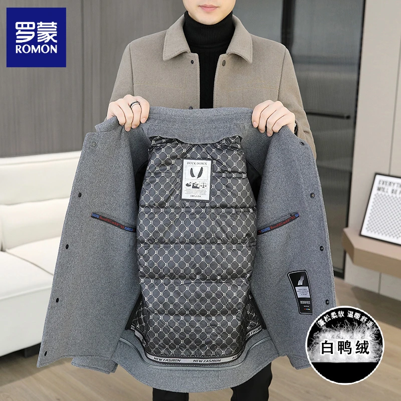 罗蒙男士高档双面大衣冬季新款翻领夹克可拆卸内胆时尚短款外套