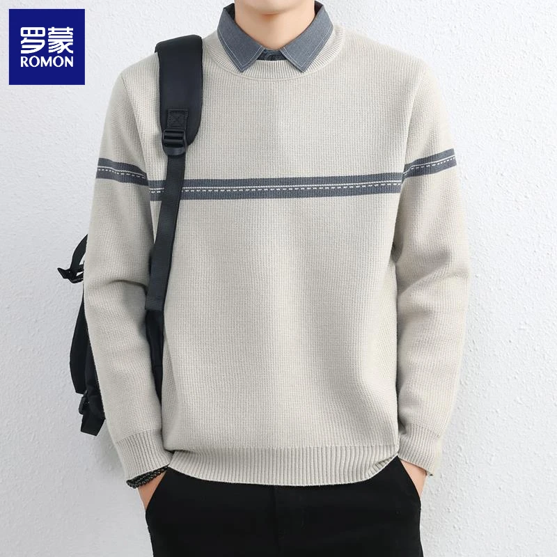 罗蒙假两件毛衣男士秋冬季新款衬衫领男高级感宽松加厚针织打底衫