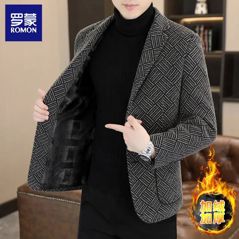 罗蒙秋冬男款加绒男士提花韩版西服翻领休闲冬季西服时尚帅气外套
