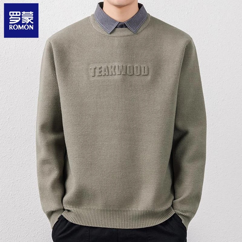 罗蒙高端重磅假两件男士毛衣衬衫领秋冬款加绒加厚内搭打底针织衫