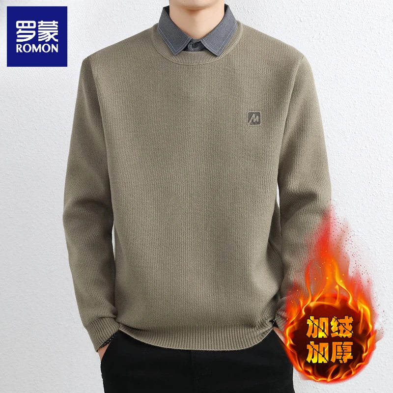 罗蒙秋冬季假两件男士毛衣衬衫领2024新款内搭加厚保暖打底针织衫