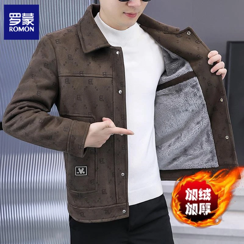罗蒙秋冬季鹿皮绒夹克男士加绒加厚高档帅气短款风衣保暖休闲外套