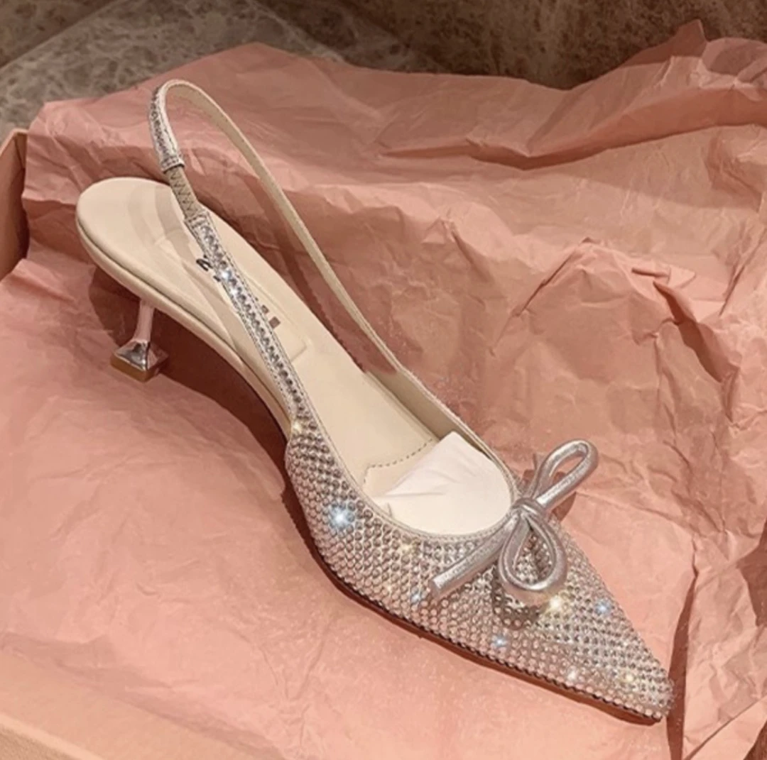 M家走秀新款细跟小方头蝴蝶结高跟鞋一字带包头水钻凉鞋法式单鞋