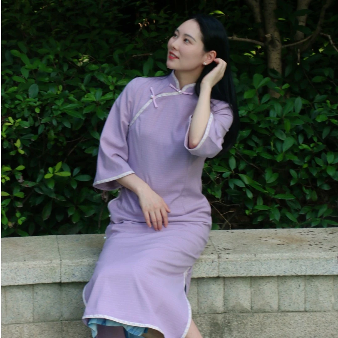 【紫玲珑】玉颜旗袍复古旗袍气质显瘦收腰中长款衣长约120cm
