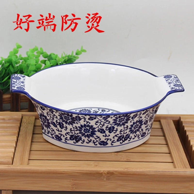 青花瓷酒店防烫双耳陶瓷餐具毛血旺带盖水煮鱼酸菜鱼盆麻辣香锅
