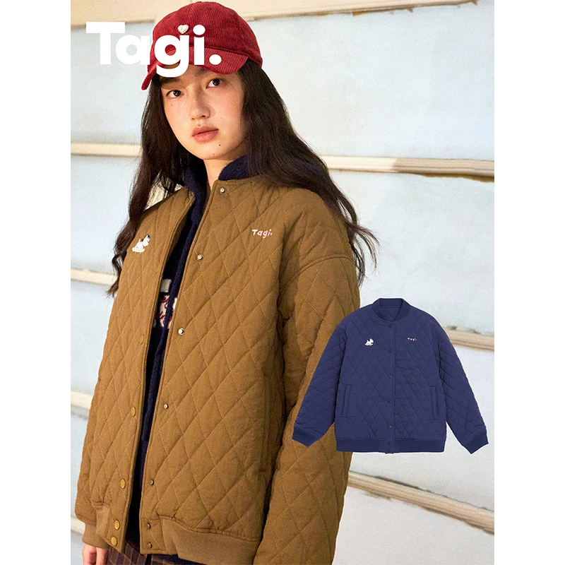 Tagi.哈哈爆米花棉服外套刺绣宽松保暖绗缝飞行员棒球夹克情侣