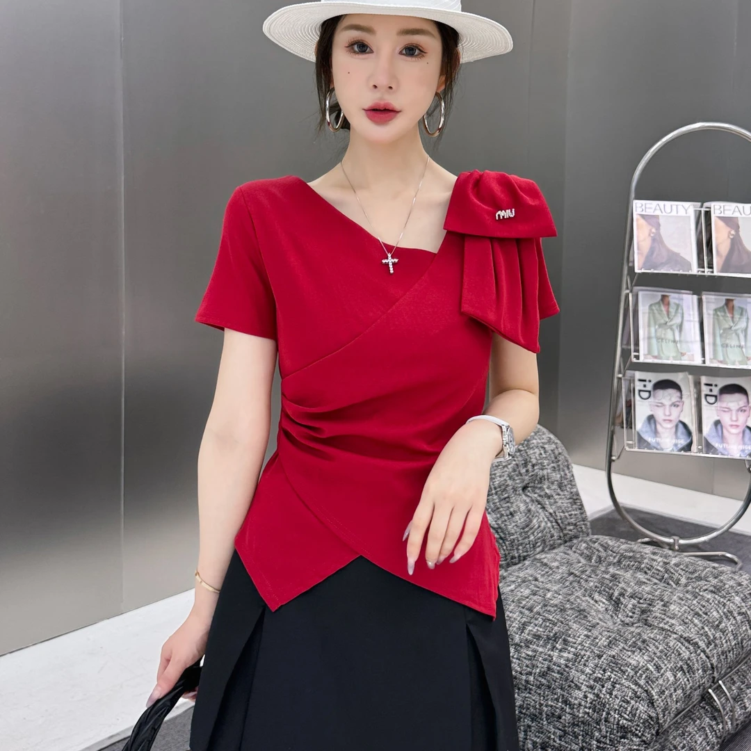时尚不规则T恤女短袖夏装欧货设计感洋气上衣修身显瘦短袖小衫潮