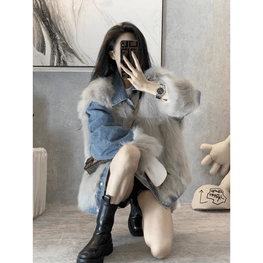 派克服2023年秋冬新款仿狐狸毛拼接牛仔女年轻款加厚毛毛外套