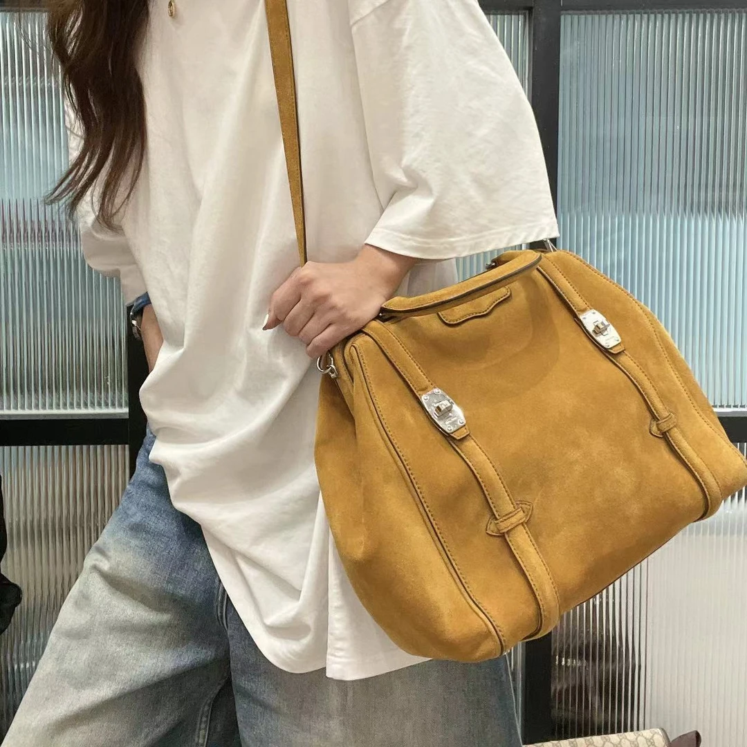 95新 MIU MIU/缪缪 【蕾】 1PH826 姜黄色麂皮手提单肩包