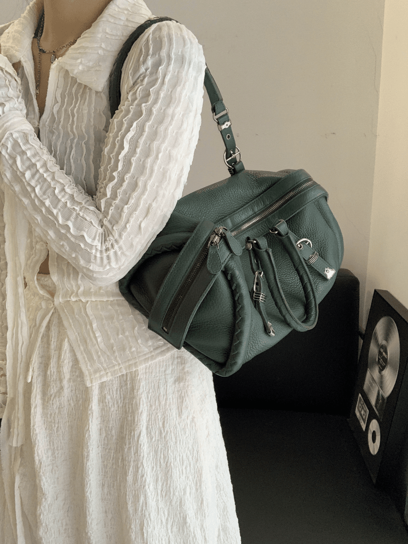 95新 BOTTEGA VENETA/葆蝶家 7 绿色编织手柄波士顿手提包