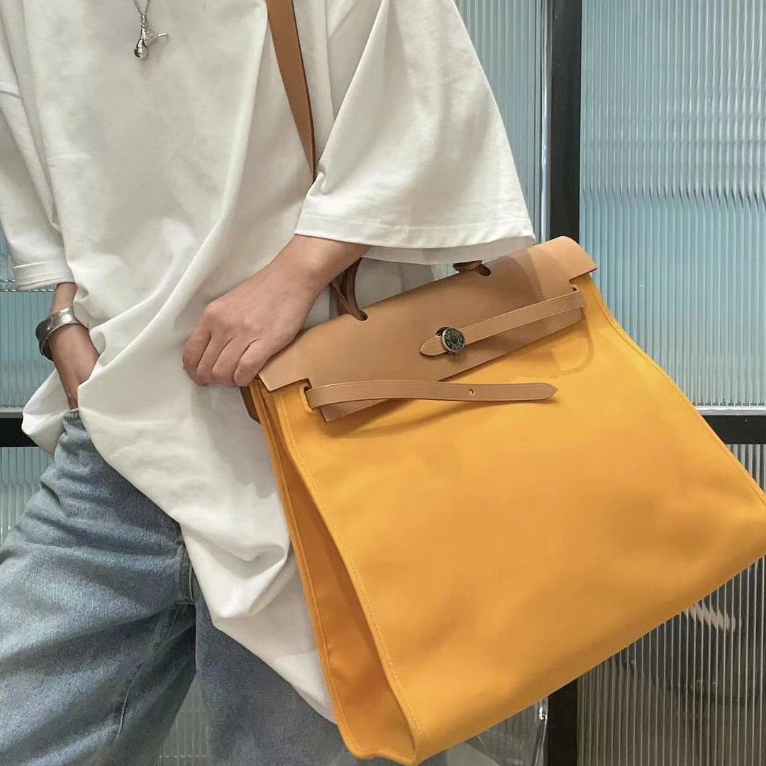 95新 Hermes/爱马仕 020862 橘色帆布拼皮单肩包