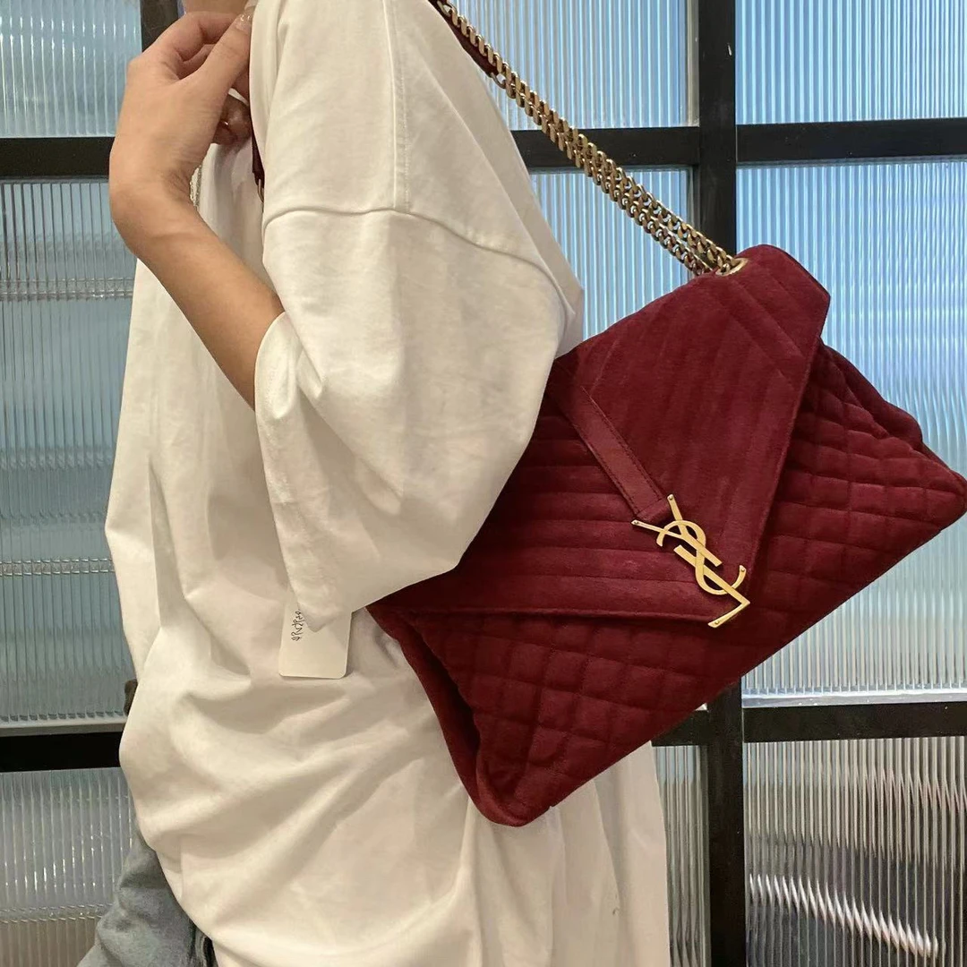 95新 YSL/圣罗兰 880847 酒红色麂皮斜挎包