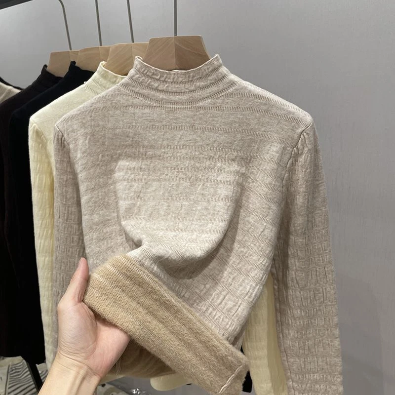 半高领保暖一体绒打底衫中领时尚女秋冬新款洋气内搭加绒打底毛衫