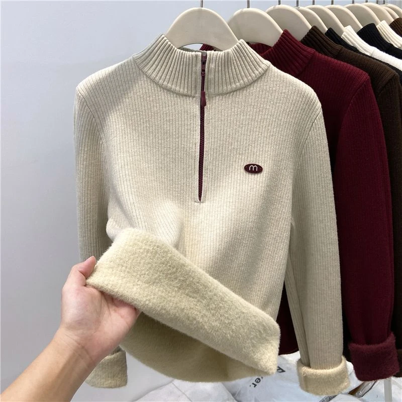 加绒半高领拉链毛衣针织衫女秋冬显瘦打底衫加厚一体绒内搭上衣女