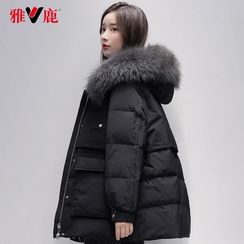 雅鹿羽绒服女中长款连帽韩版宽松新款冬季大毛领派克大码工装外套