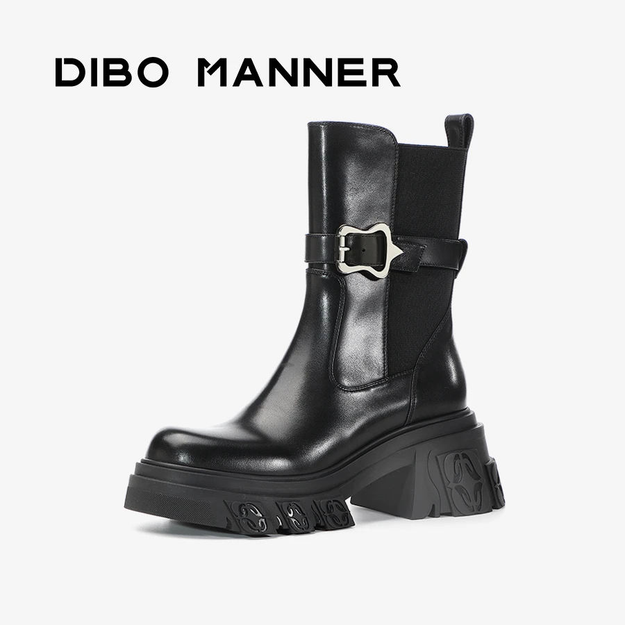DIBO MANNER火焰浮雕系列英伦风搭扣百搭厚底纯色马丁靴234070