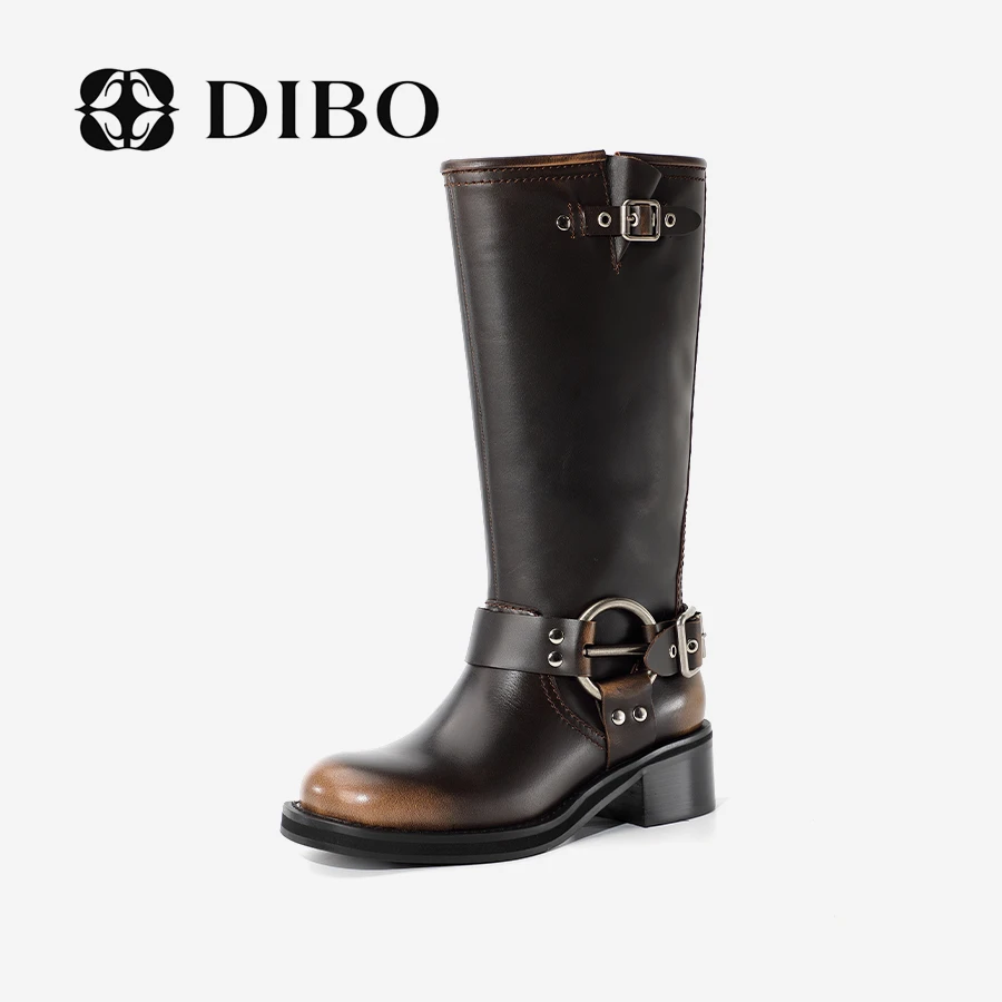 DIBO碲铂 擦色皮带扣骑士靴女长筒西部牛仔粗跟高筒靴24410220