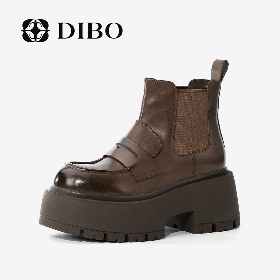 DIBO碲铂 厚底增高显瘦纯色短靴复古学院风格真皮女靴24485190