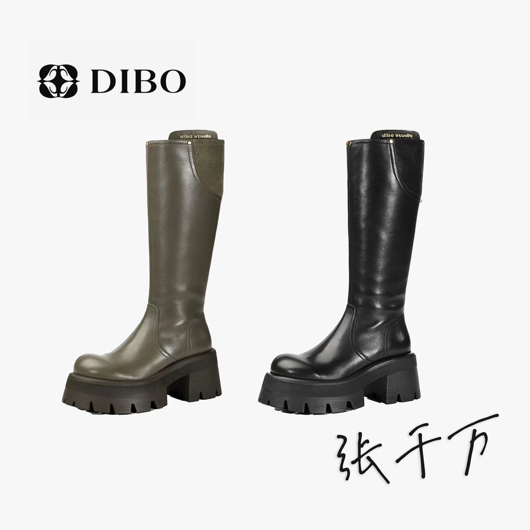 张千万 X DIBO碲铂 真皮圆头厚底高筒骑士靴时尚靴女23436161