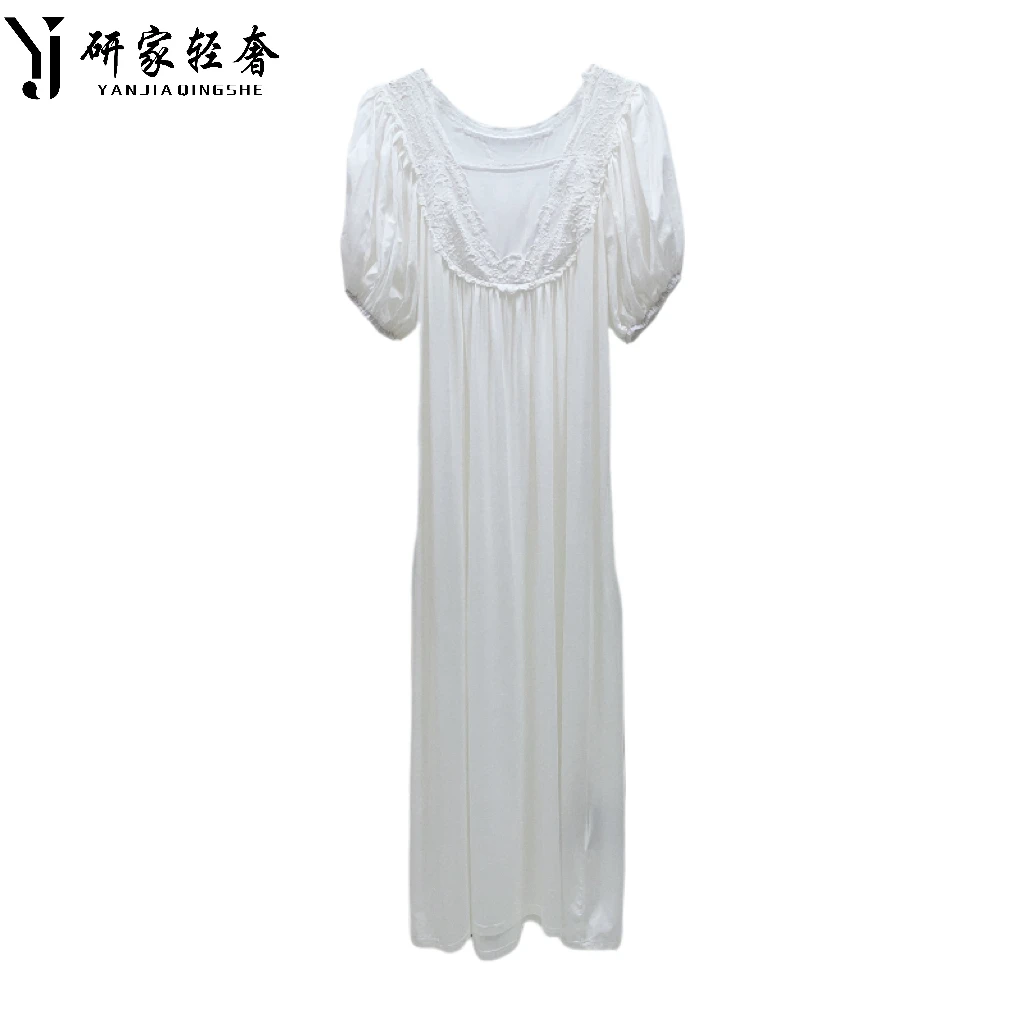 5170研家轻奢法式气质方领泡泡袖拼接蕾丝宽松白色居家服睡裙