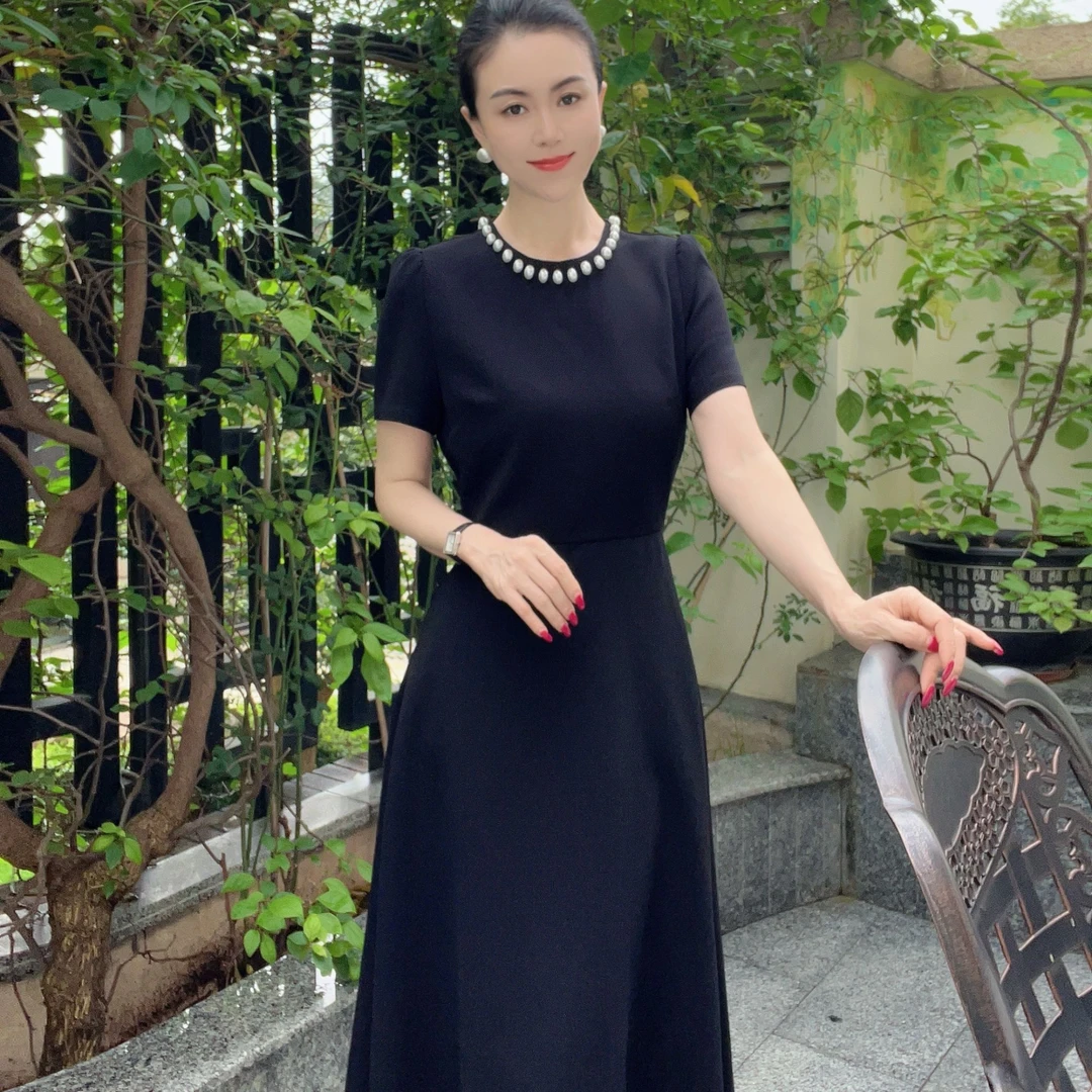 4938【优雅女主】高端定制醋酸手工缝珠显瘦修身连衣裙