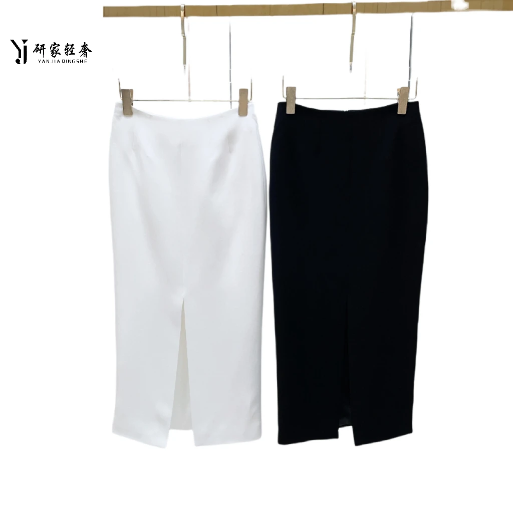 5297研家轻奢新款高腰前开叉修身醋酸半裙