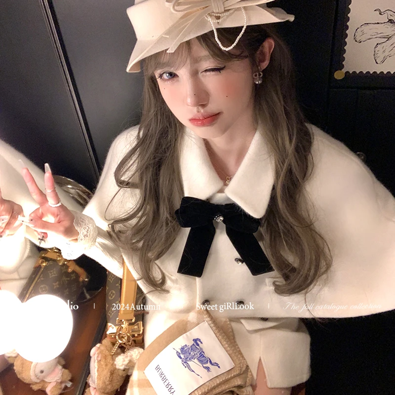 Acaine斗篷外套高腰a字半身裙时尚套装女冬法式气质千金风两件套