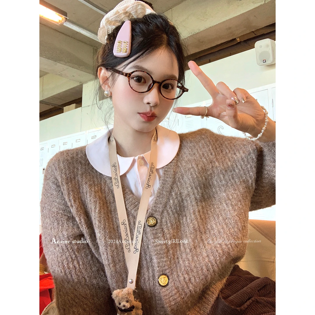 Acaine粉色长袖娃娃领衬衫女秋季薄款内搭叠穿衬衣法式甜美上衣