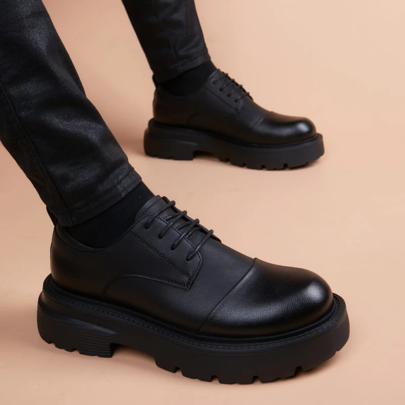 韩版百搭休闲商务皮鞋男士英伦风厚底内增高圆头黑色正装时尚男鞋