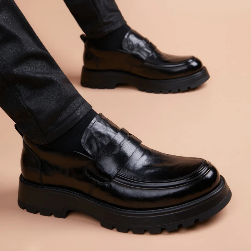 秋季时尚百搭商务休闲皮鞋男士套脚黑色厚底增高英伦风圆头德比鞋