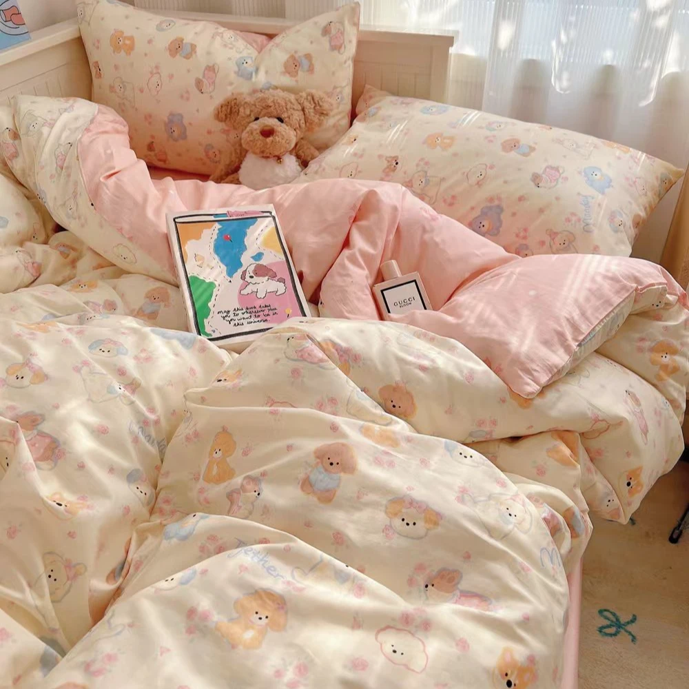 INS新款全棉四件套可爱卡通纯棉被套单人学生宿舍三件套双人床品