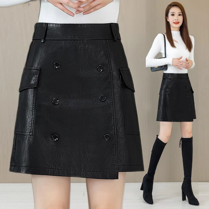 不规则皮裙半身裙女秋冬2024新款排扣高腰显瘦a字裙pu皮包臀短裙