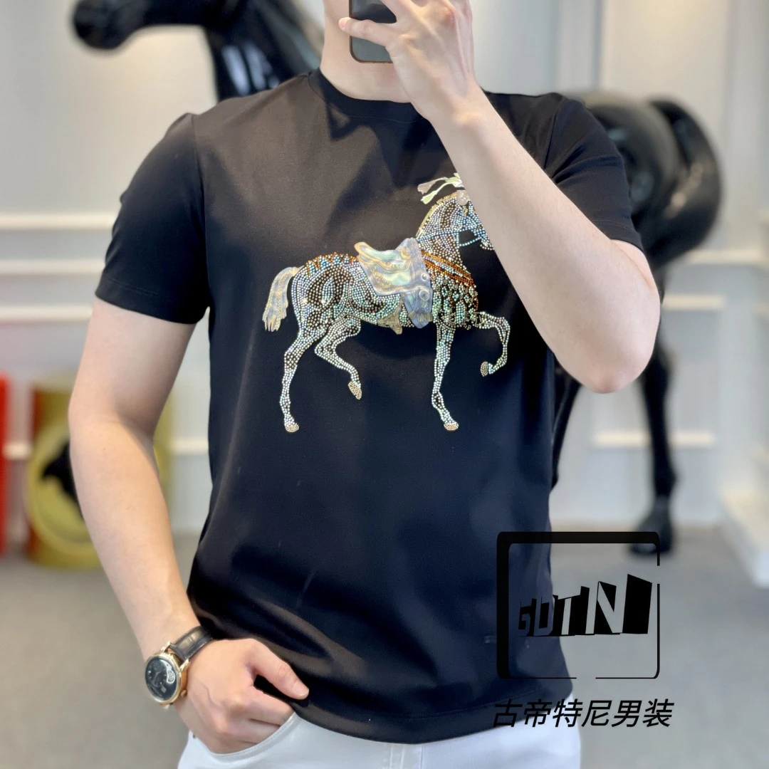 <古帝特尼>新款男士时尚潮流高定欧货百搭烫钻修身圆领短袖Z+5379