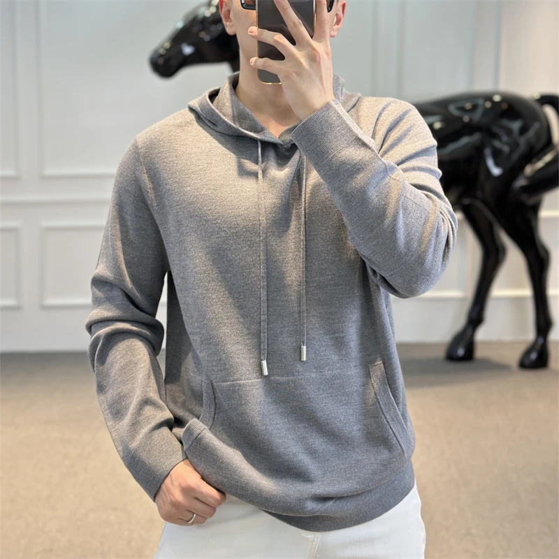 <古帝特尼>秋冬新款时尚连帽男士美丽诺纯色净版休闲毛衣Z-7330