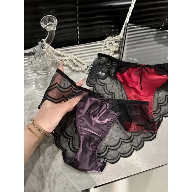 「LA」禁欲朗姆*性感紫色缎面拼接蕾丝女蝴蝶结波浪网纱三角内裤