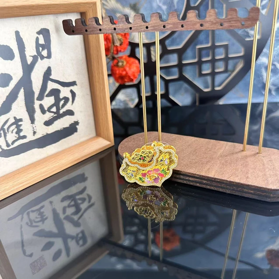 足金999螺钿镶嵌后庭花锁包心形吊坠双钩