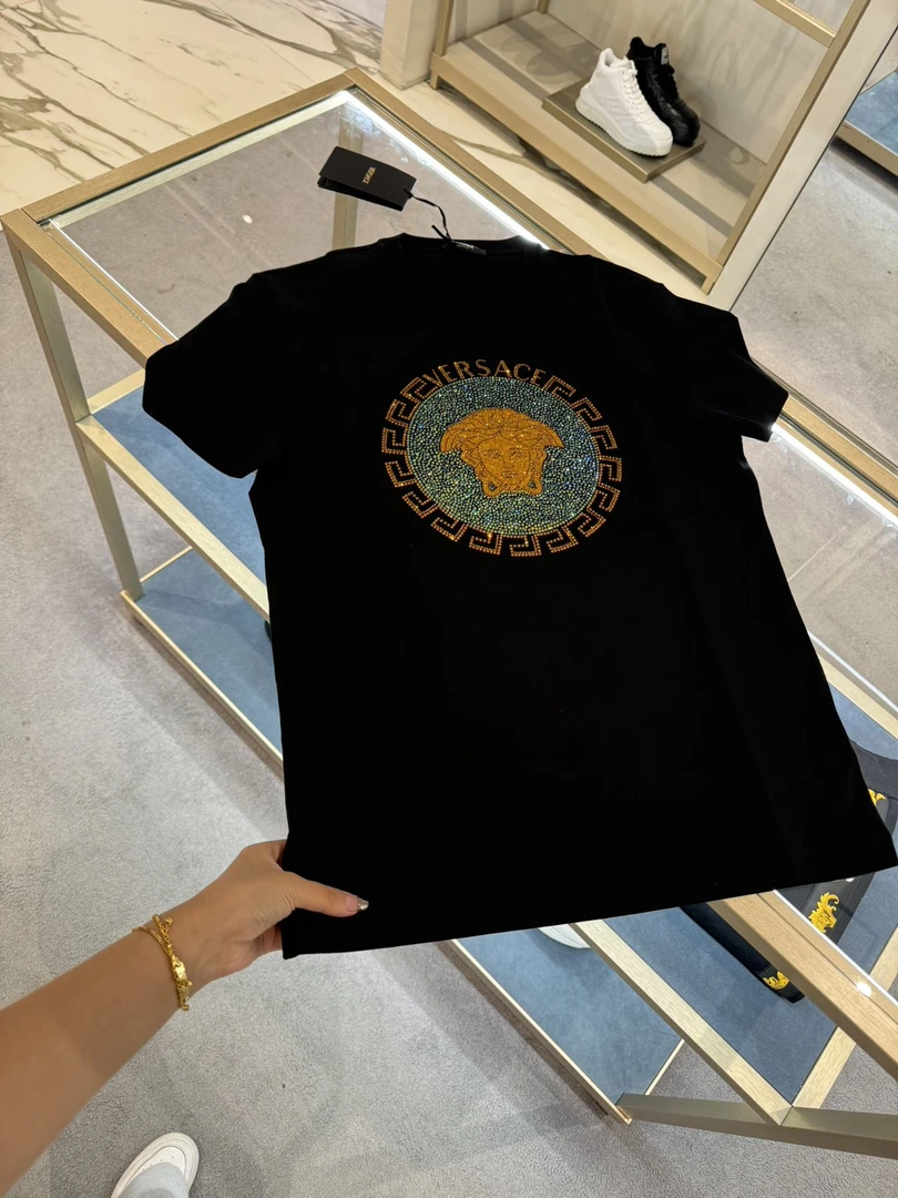 VERSACE/范思哲男士满钻黑色T恤/二周回国