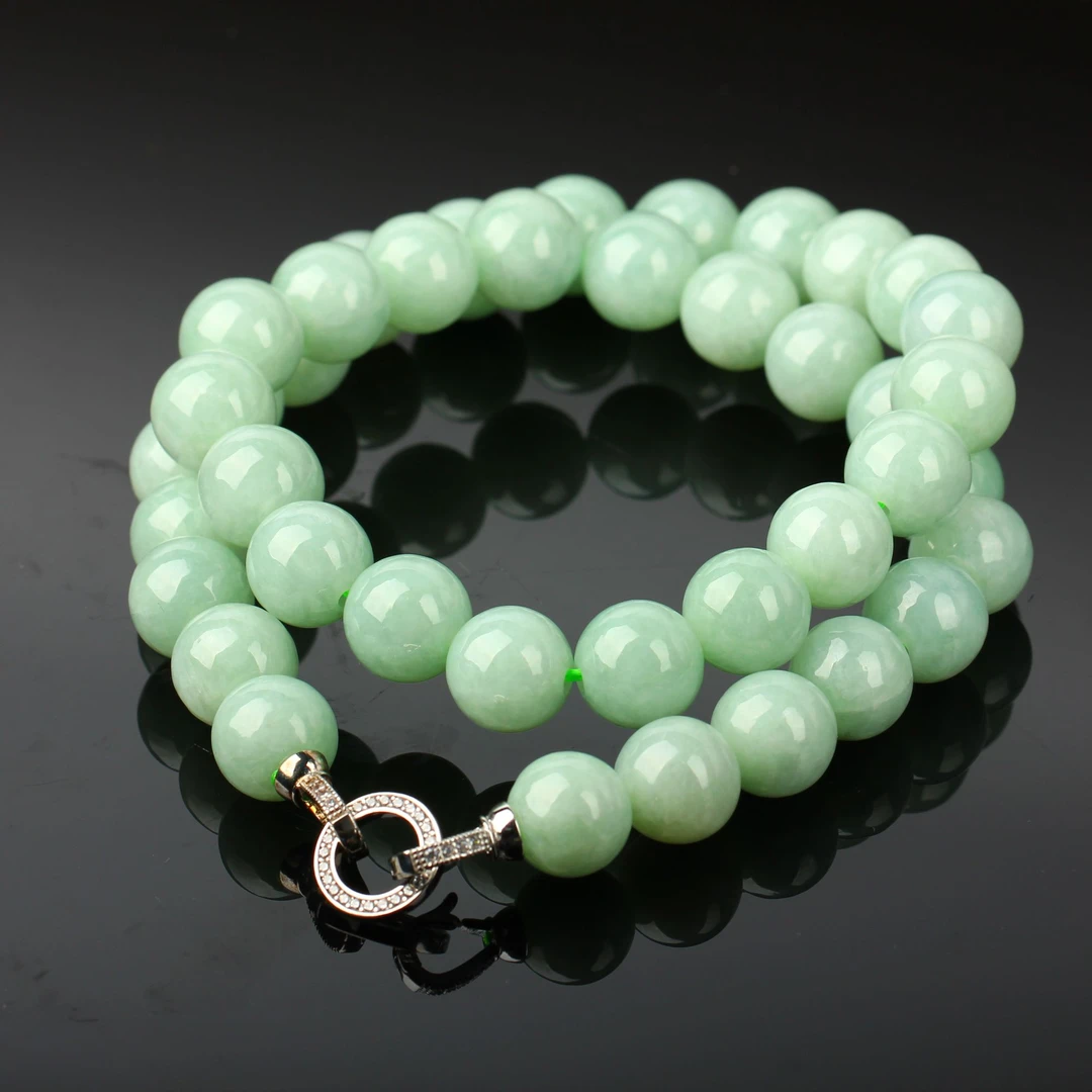 天然A货翡翠冰润浅果绿色卡13mm圆珠项链珠链-多样性发