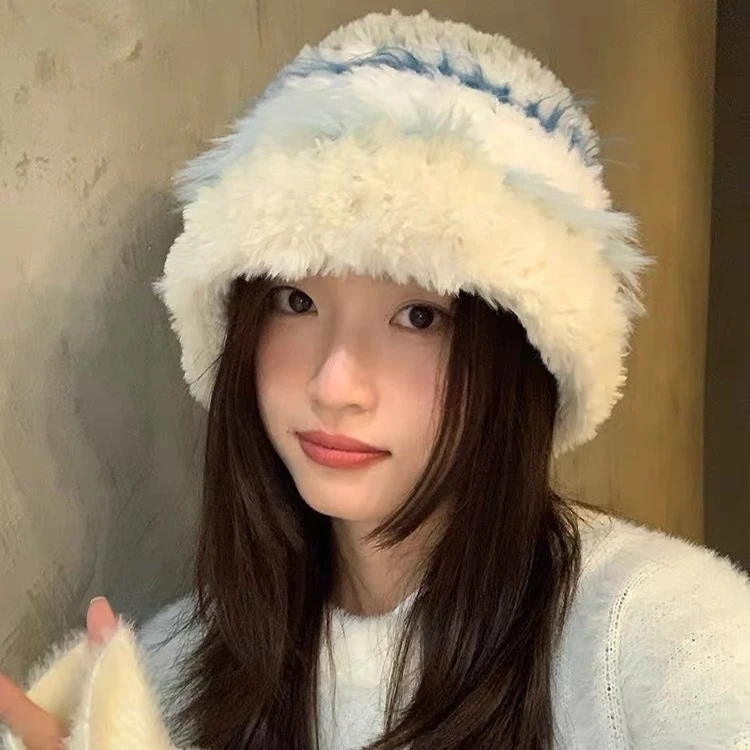 拼色毛绒加厚针织帽女款韩系百搭显脸小大头围护耳防寒保暖毛线帽