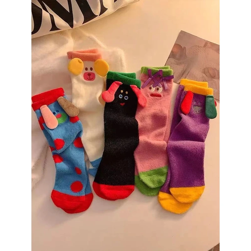 秋冬季新款丑萌小狗立体中筒袜家居袜个性有趣丑萌狗狗睡眠中筒袜