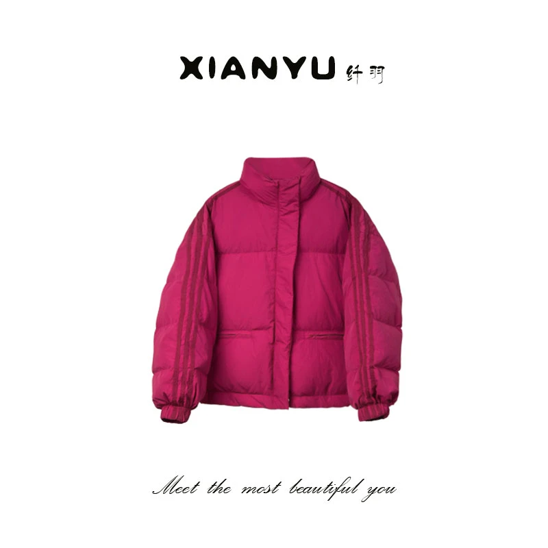 平湖羽绒服三条杠新款立领韩版时尚加厚保暖宽松短款潮流面包服冬