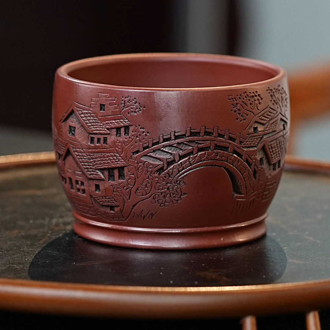 大红袍江南风杯】宜兴原矿正宗紫砂大红袍高档手工雕刻主人杯