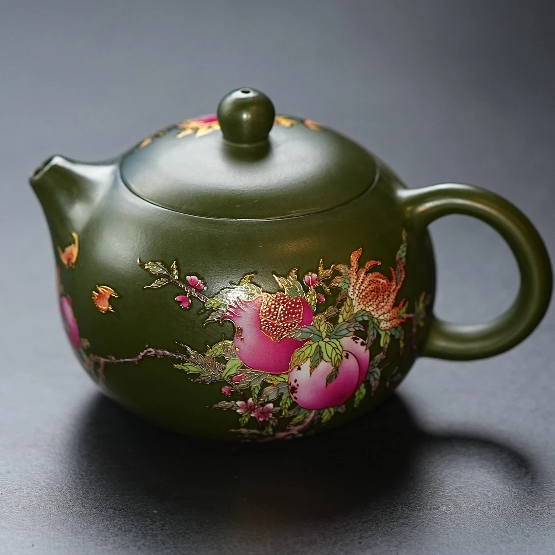 宜兴茶具 小款绿泥手工彩绘寿桃石榴精美西施紫砂壶-稍扁小版