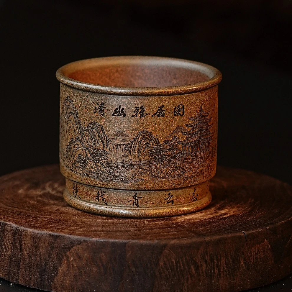 宜兴茶具 柴烧手工刻绘清幽雅居图李玉精致大气紫砂主人杯-旧款
