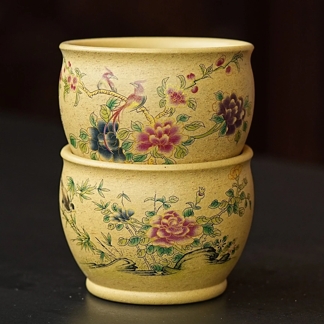 宜兴原矿本绿彩绘描金珐琅彩精美高端大气紫砂对杯-描金升级版