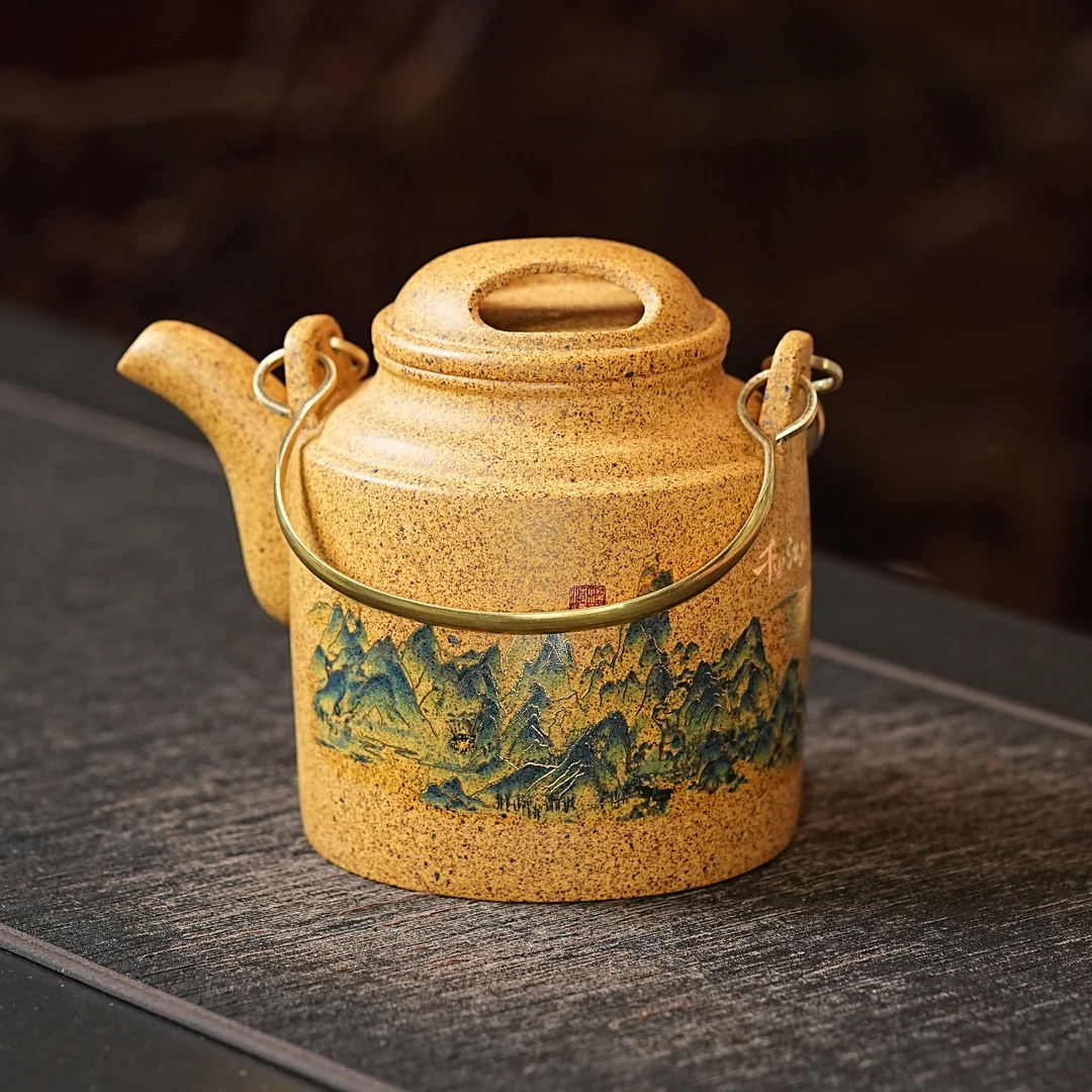 宜兴原矿正宗名家高档纯手工手绘千里江山紫砂提梁洋桶壶460CC