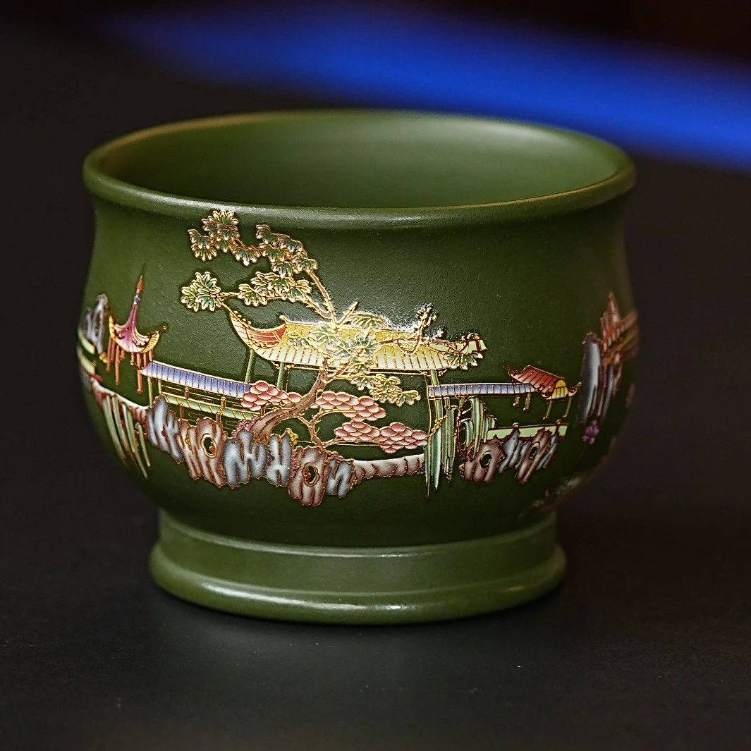 宜兴原矿绿泥手工彩绘卡金亭台楼阁创意紫砂主人杯-加底新款