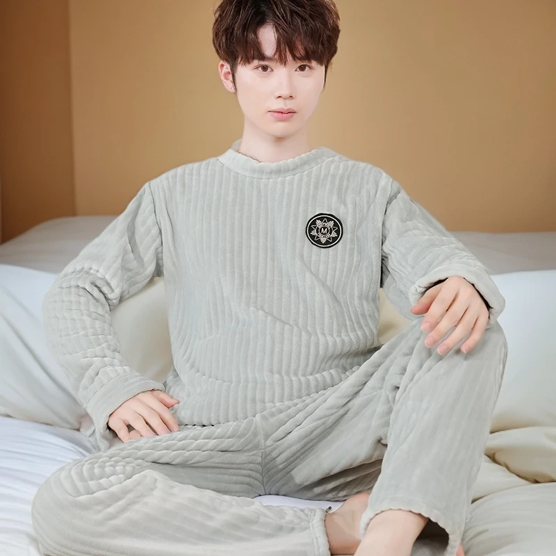 秋冬男士珊瑚绒法兰绒套头睡衣加厚加绒家居服大码套头可外穿男款