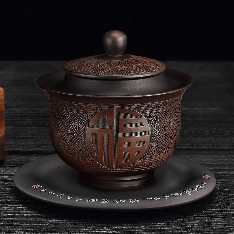 建水紫陶盖碗防烫手功夫茶具三才茶碗纯手工高档线雕不烫手泡茶碗