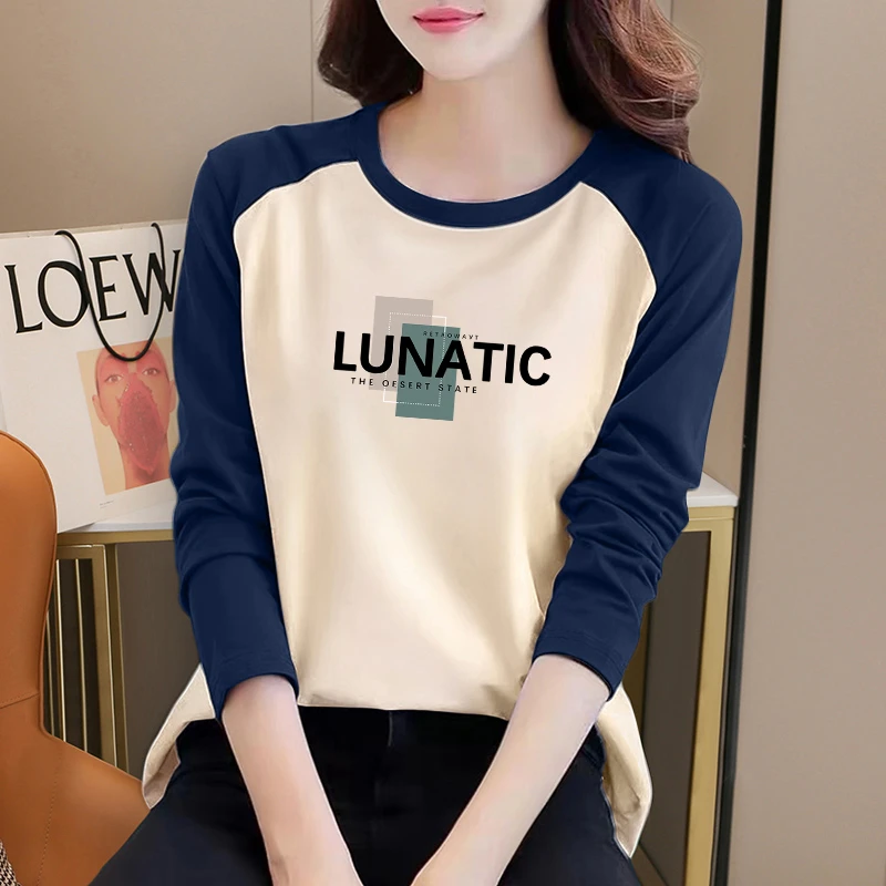 〖拼色纯棉〗100%棉长袖T恤女拼色春秋韩版修身显瘦大码200斤打底衫